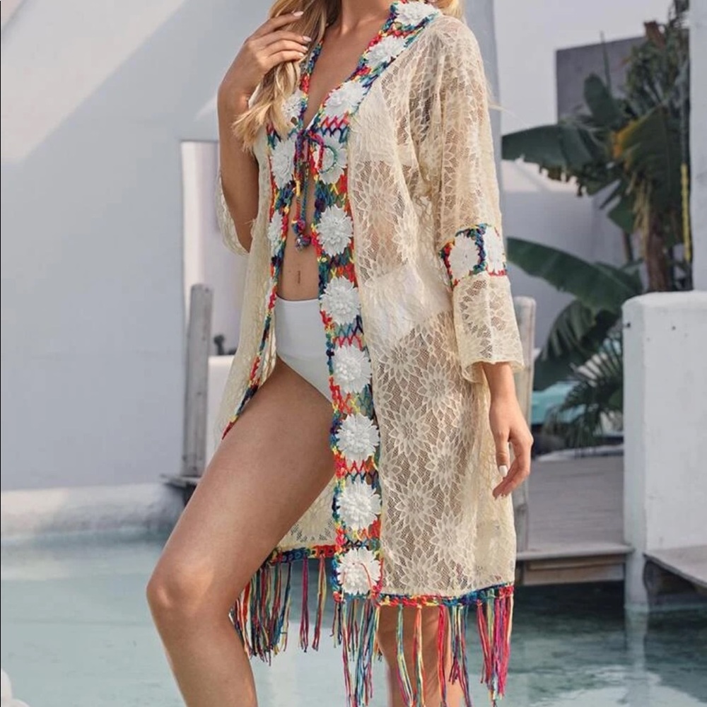 🎉HP🎉 🆕 Apricot Tie-Front Fringe Kimono Coverup